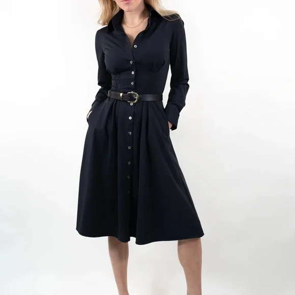 LUXEIRE Long Sleeve Fit-and-Flare Shirt Dress S black - Picture 1 of 3